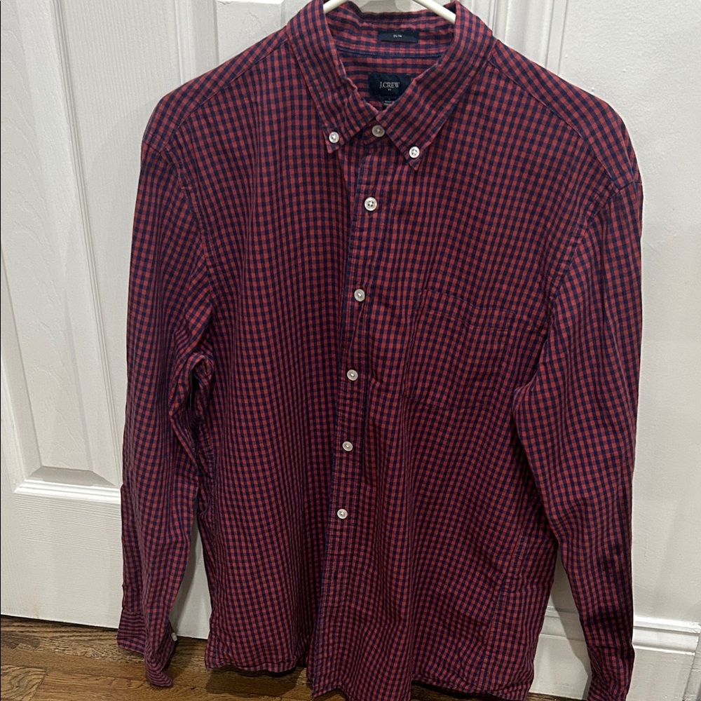 J. Crew Men's Burgundy and Navy Plaid Shirt